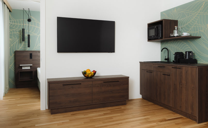 Living room with kitchen, TV and a view into the bedroom.
