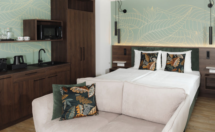 A cleverly laid-out space with a kitchen, bedroom and sofa.